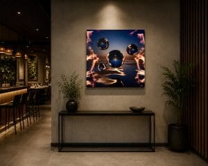 Œuvre d’art numérique abstraite « Sphères en Fusion » : sphères lumineuses et éléments de feu dans un univers contemporain puissant et immersif.