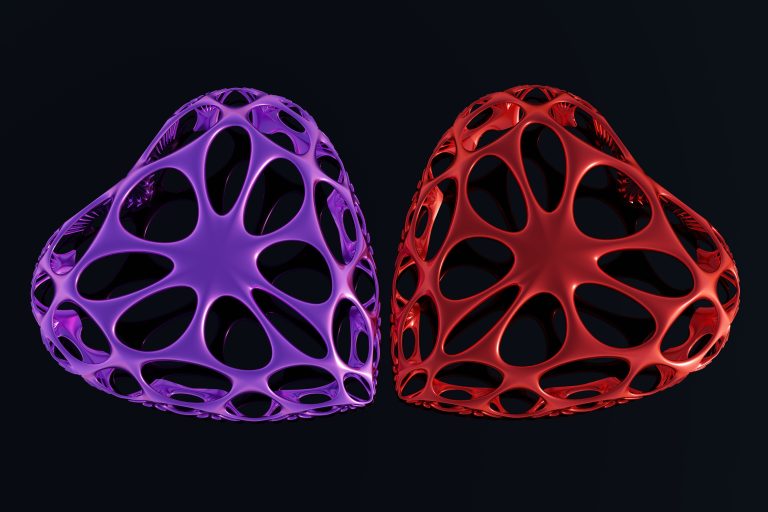 Love est une œuvre d’art numérique contemporaine représentant deux formes organiques aux couleurs rouge et violette. Inspirée du design génératif et de l’architecture biomorphique, cette création symbolise l’amour, l’équilibre et la complémentarité dans une esthétique moderne et raffinée.