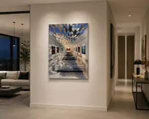 Dans cet espace épuré, l’art prend une dimension monumentale. La galerie s’étire comme une nef contemporaine où les œuvres dialoguent avec l’architecture. Au-dessus, une immense structure organique, inspirée des formes naturelles et des diagrammes de Voronoï, laisse filtrer la lumière du ciel. Les ombres mouvantes se déposent sur les murs et le sol de marbre, transformant le lieu en une œuvre vivante.