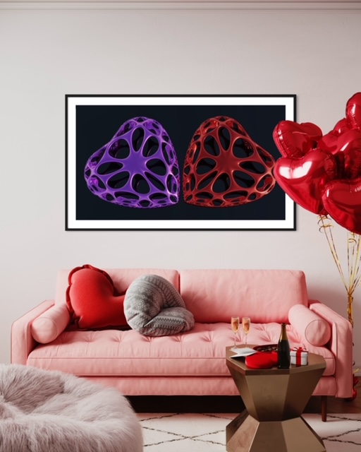 Love est une œuvre d’art numérique contemporaine représentant deux formes organiques aux couleurs rouge et violette. Inspirée du design génératif et de l’architecture biomorphique, cette création symbolise l’amour, l’équilibre et la complémentarité dans une esthétique moderne et raffinée.