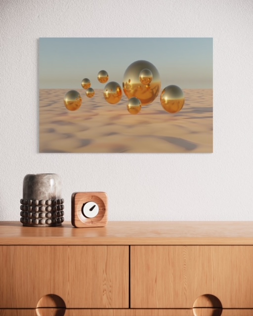 Gold est une œuvre d’art numérique contemporaine représentant des sphères dorées réfléchissantes évoluant dans un paysage lumineux aux teintes sable et or. Cette création moderne associe minimalisme, élégance et jeux de reflets pour offrir une décoration murale sophistiquée et intemporelle.