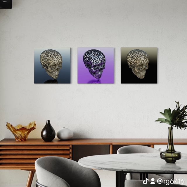 Tableau d’art numérique contemporain symbolisant l’amour intemporel à travers deux crânes sculpturaux face à face. Une œuvre puissante, moderne et émotionnelle.