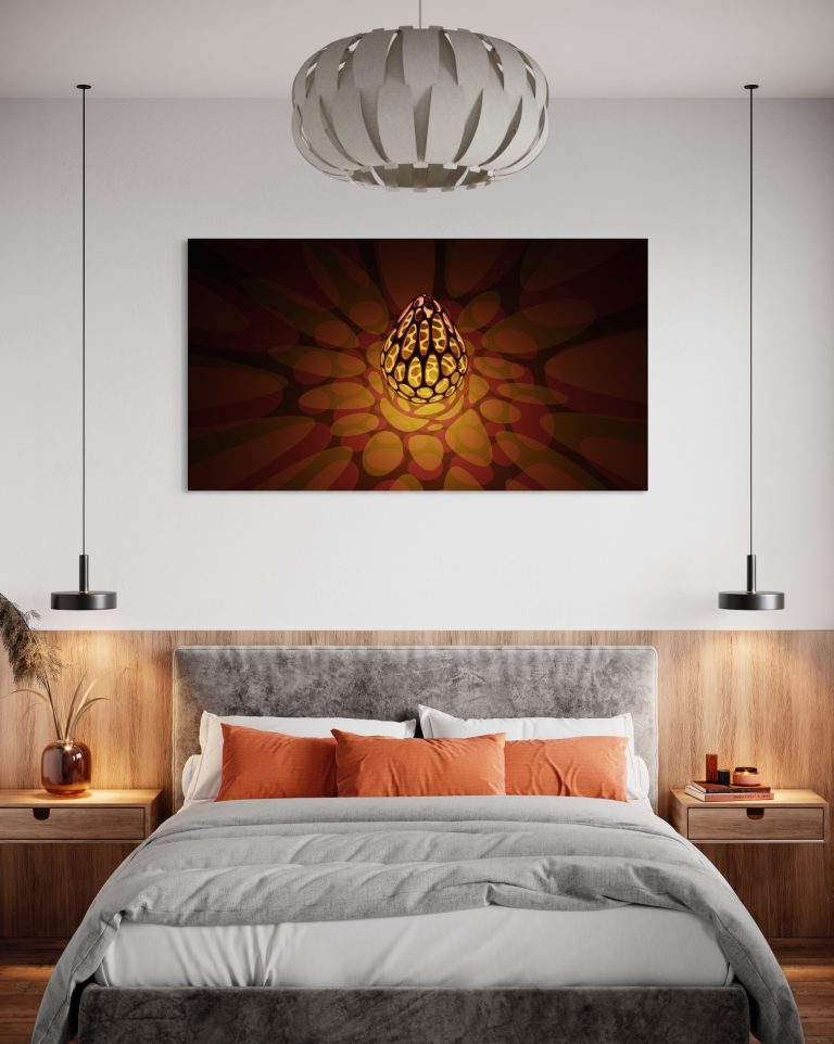 Un luminaire aux formes géométriques audacieuses, illuminant l'espace avec une lumière douce et enveloppante. La structure en treillis crée un jeu d'ombres et de lumières fascinant, créant une ambiance mystérieuse et élégante.