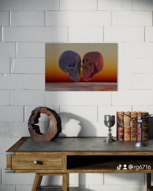 Amour Éternel est une œuvre d’art numérique contemporaine représentant deux crânes organiques face à face dans une atmosphère lumineuse et symbolique. Cette création explore les thèmes de l’amour éternel, de la connexion des âmes et du passage du temps à travers une esthétique moderne et captivante.