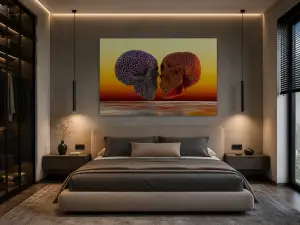 Amour Éternel est une œuvre d’art numérique contemporaine représentant deux crânes organiques face à face dans une atmosphère lumineuse et symbolique. Cette création explore les thèmes de l’amour éternel, de la connexion des âmes et du passage du temps à travers une esthétique moderne et captivante.