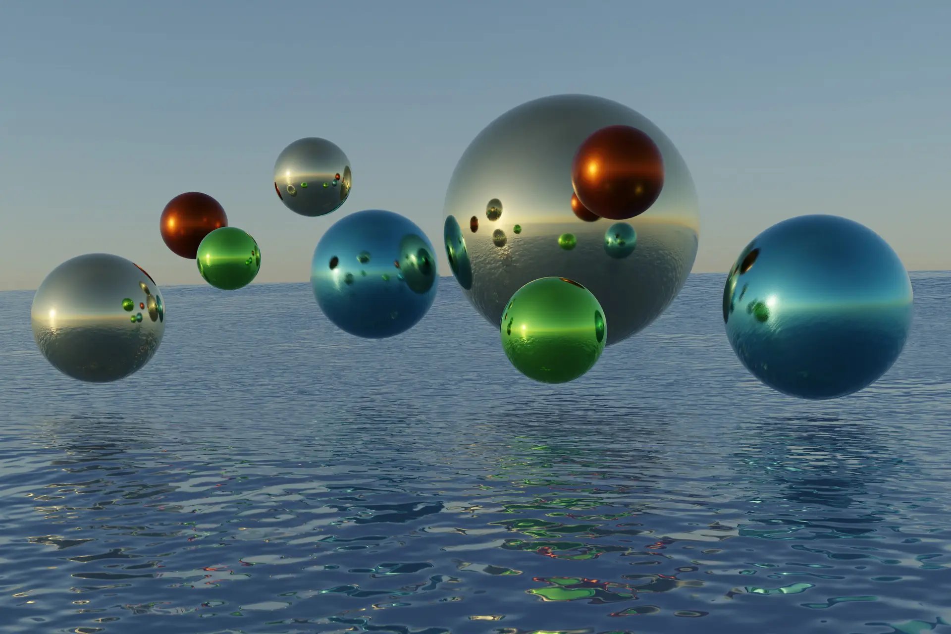 Sphères irisées flottant sur une mer d'émeraude. Un ballet céleste de couleurs et de reflets, un instant suspendu hors du temps
