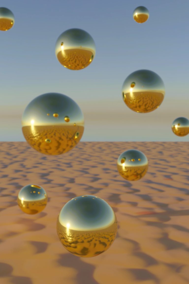 Gold est une œuvre d’art numérique contemporaine représentant des sphères dorées réfléchissantes évoluant dans un paysage lumineux aux teintes sable et or. Cette création moderne associe minimalisme, élégance et jeux de reflets pour offrir une décoration murale sophistiquée et intemporelle.