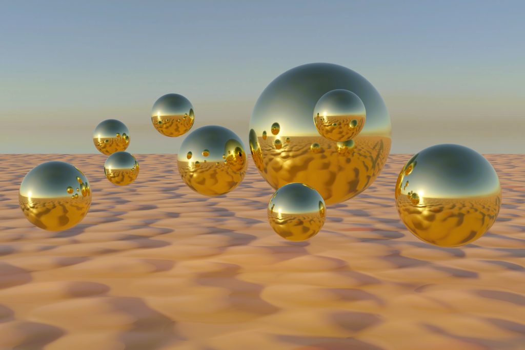 Gold est une œuvre d’art numérique contemporaine représentant des sphères dorées réfléchissantes évoluant dans un paysage lumineux aux teintes sable et or. Cette création moderne associe minimalisme, élégance et jeux de reflets pour offrir une décoration murale sophistiquée et intemporelle.