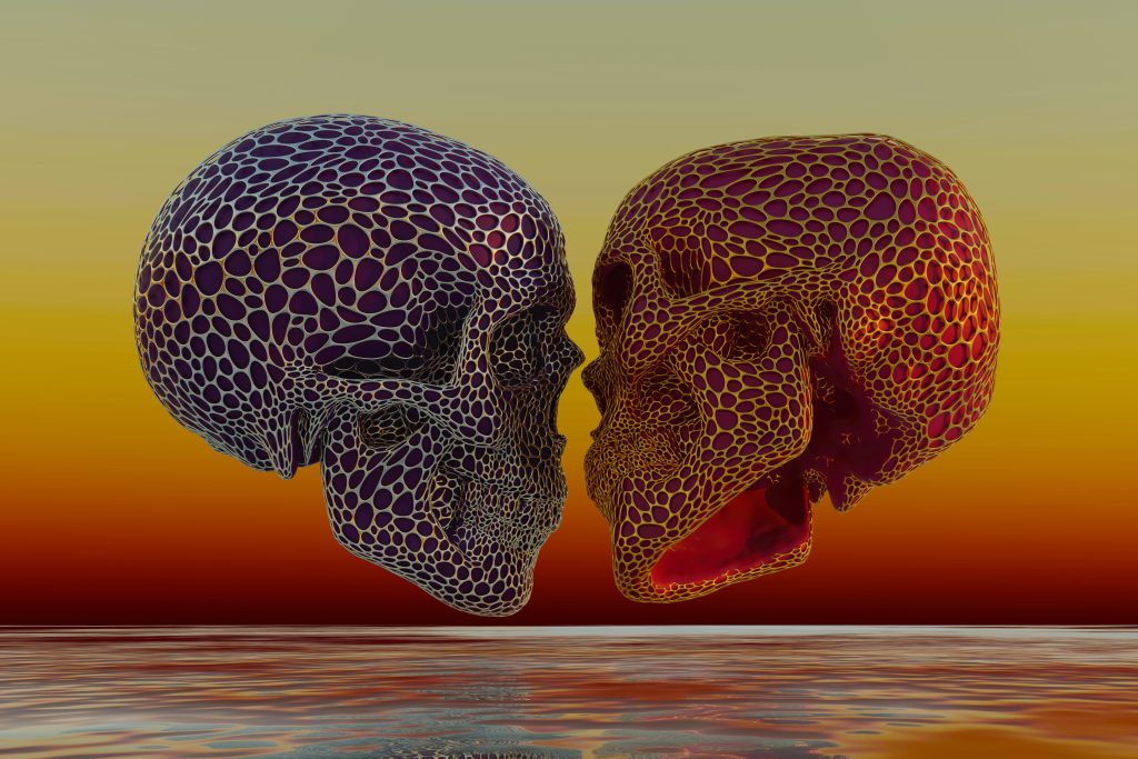 Amour Éternel est une œuvre d’art numérique contemporaine représentant deux crânes organiques face à face dans une atmosphère lumineuse et symbolique. Cette création explore les thèmes de l’amour éternel, de la connexion des âmes et du passage du temps à travers une esthétique moderne et captivante.