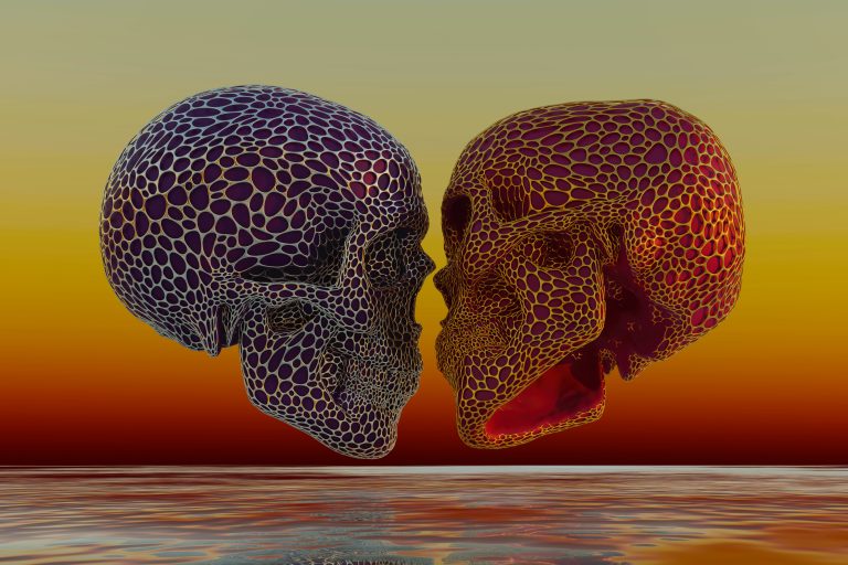 Amour Éternel est une œuvre d’art numérique contemporaine représentant deux crânes organiques face à face dans une atmosphère lumineuse et symbolique. Cette création explore les thèmes de l’amour éternel, de la connexion des âmes et du passage du temps à travers une esthétique moderne et captivante.
