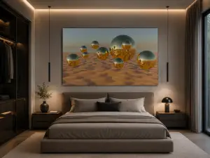 Gold est une œuvre d’art numérique contemporaine représentant des sphères dorées réfléchissantes évoluant dans un paysage lumineux aux teintes sable et or. Cette création moderne associe minimalisme, élégance et jeux de reflets pour offrir une décoration murale sophistiquée et intemporelle.