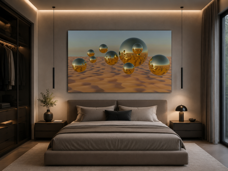 Gold est une œuvre d’art numérique contemporaine représentant des sphères dorées réfléchissantes évoluant dans un paysage lumineux aux teintes sable et or. Cette création moderne associe minimalisme, élégance et jeux de reflets pour offrir une décoration murale sophistiquée et intemporelle.
