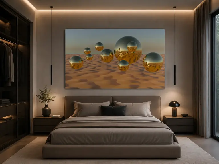 Gold est une œuvre d’art numérique contemporaine représentant des sphères dorées réfléchissantes évoluant dans un paysage lumineux aux teintes sable et or. Cette création moderne associe minimalisme, élégance et jeux de reflets pour offrir une décoration murale sophistiquée et intemporelle.