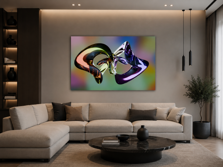 LIGHT PAINT est une œuvre numérique contemporaine où la lumière devient matière. Des formes fluides et métalliques semblent flotter dans l’espace, s’entrelacer et se transformer sous le regard du spectateur. Leurs reflets irisés révèlent une palette subtile de couleurs qui évolue selon l’angle de vue et l’éclairage environnant.