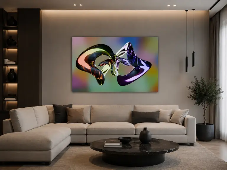 LIGHT PAINT est une œuvre numérique contemporaine où la lumière devient matière. Des formes fluides et métalliques semblent flotter dans l’espace, s’entrelacer et se transformer sous le regard du spectateur. Leurs reflets irisés révèlent une palette subtile de couleurs qui évolue selon l’angle de vue et l’éclairage environnant.