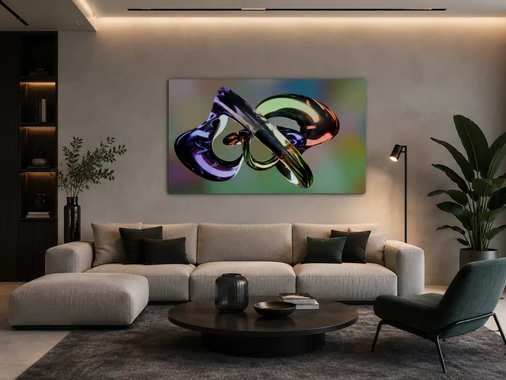 LIGHT PAINT est une œuvre numérique contemporaine où la lumière devient matière. Des formes fluides et métalliques semblent flotter dans l’espace, s’entrelacer et se transformer sous le regard du spectateur. Leurs reflets irisés révèlent une palette subtile de couleurs qui évolue selon l’angle de vue et l’éclairage environnant.