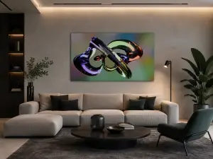 LIGHT PAINT est une œuvre numérique contemporaine où la lumière devient matière. Des formes fluides et métalliques semblent flotter dans l’espace, s’entrelacer et se transformer sous le regard du spectateur. Leurs reflets irisés révèlent une palette subtile de couleurs qui évolue selon l’angle de vue et l’éclairage environnant.