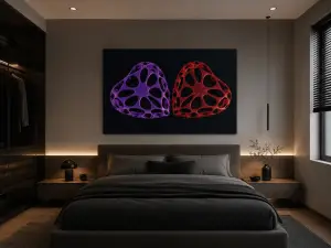 Love est une œuvre d’art numérique contemporaine représentant deux formes organiques aux couleurs rouge et violette. Inspirée du design génératif et de l’architecture biomorphique, cette création symbolise l’amour, l’équilibre et la complémentarité dans une esthétique moderne et raffinée.