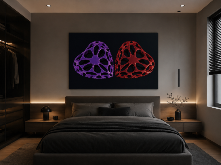 Love est une œuvre d’art numérique contemporaine représentant deux formes organiques aux couleurs rouge et violette. Inspirée du design génératif et de l’architecture biomorphique, cette création symbolise l’amour, l’équilibre et la complémentarité dans une esthétique moderne et raffinée.