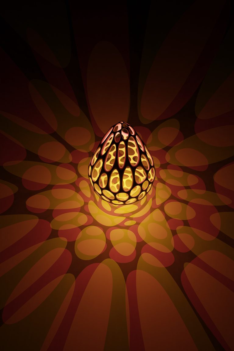 Un luminaire aux formes géométriques audacieuses, illuminant l'espace avec une lumière douce et enveloppante. La structure en treillis crée un jeu d'ombres et de lumières fascinant, créant une ambiance mystérieuse et élégante.