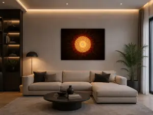 Un luminaire aux formes géométriques audacieuses, illuminant l'espace avec une lumière douce et enveloppante. La structure en treillis crée un jeu d'ombres et de lumières fascinant, créant une ambiance mystérieuse et élégante.