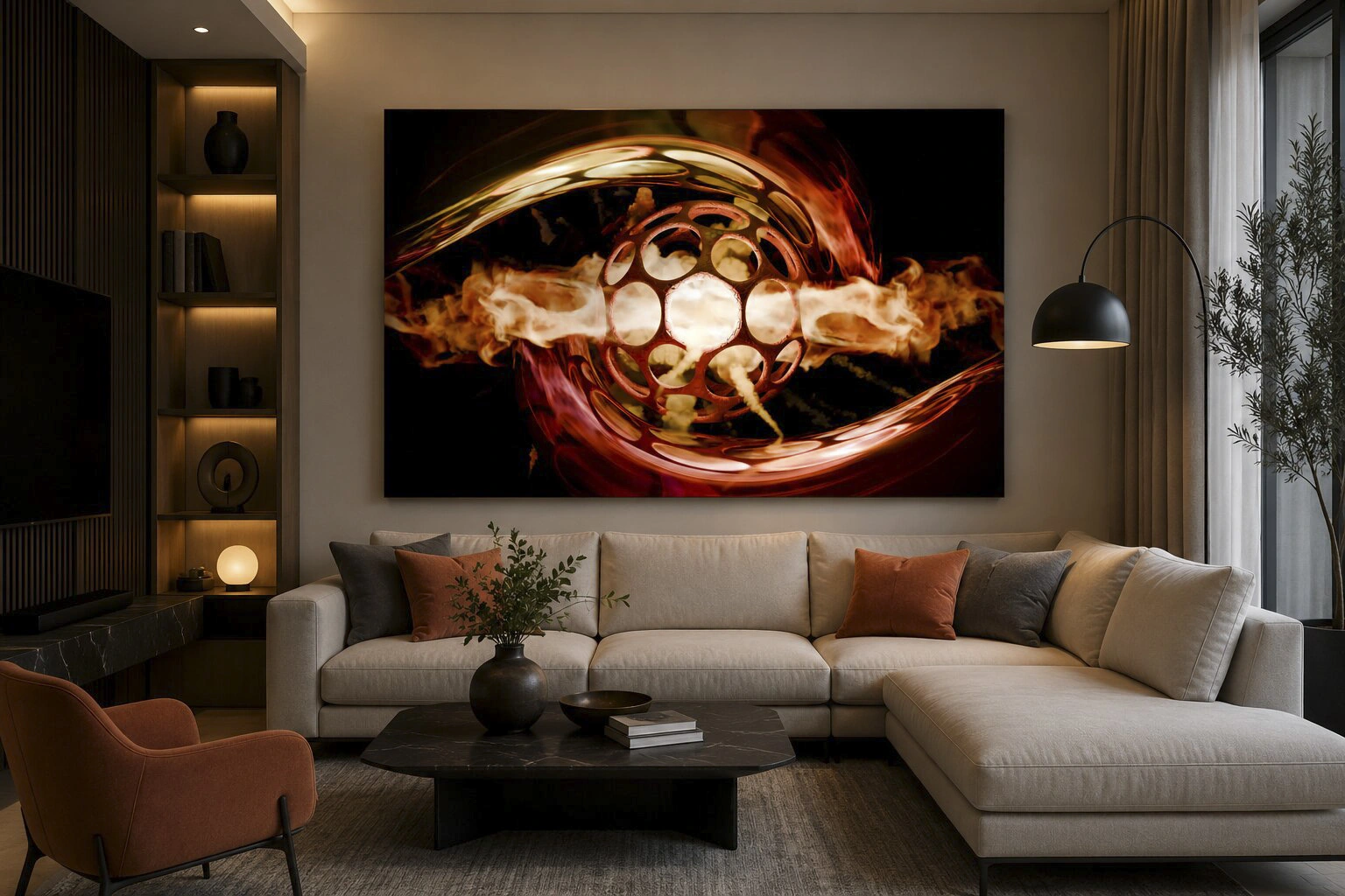 Découvrez Genesis, un tableau abstrait contemporain imprimé sur aluminium. Une œuvre d'art numérique aux couleurs flamboyantes qui apporte puissance et élégance à votre intérieur.